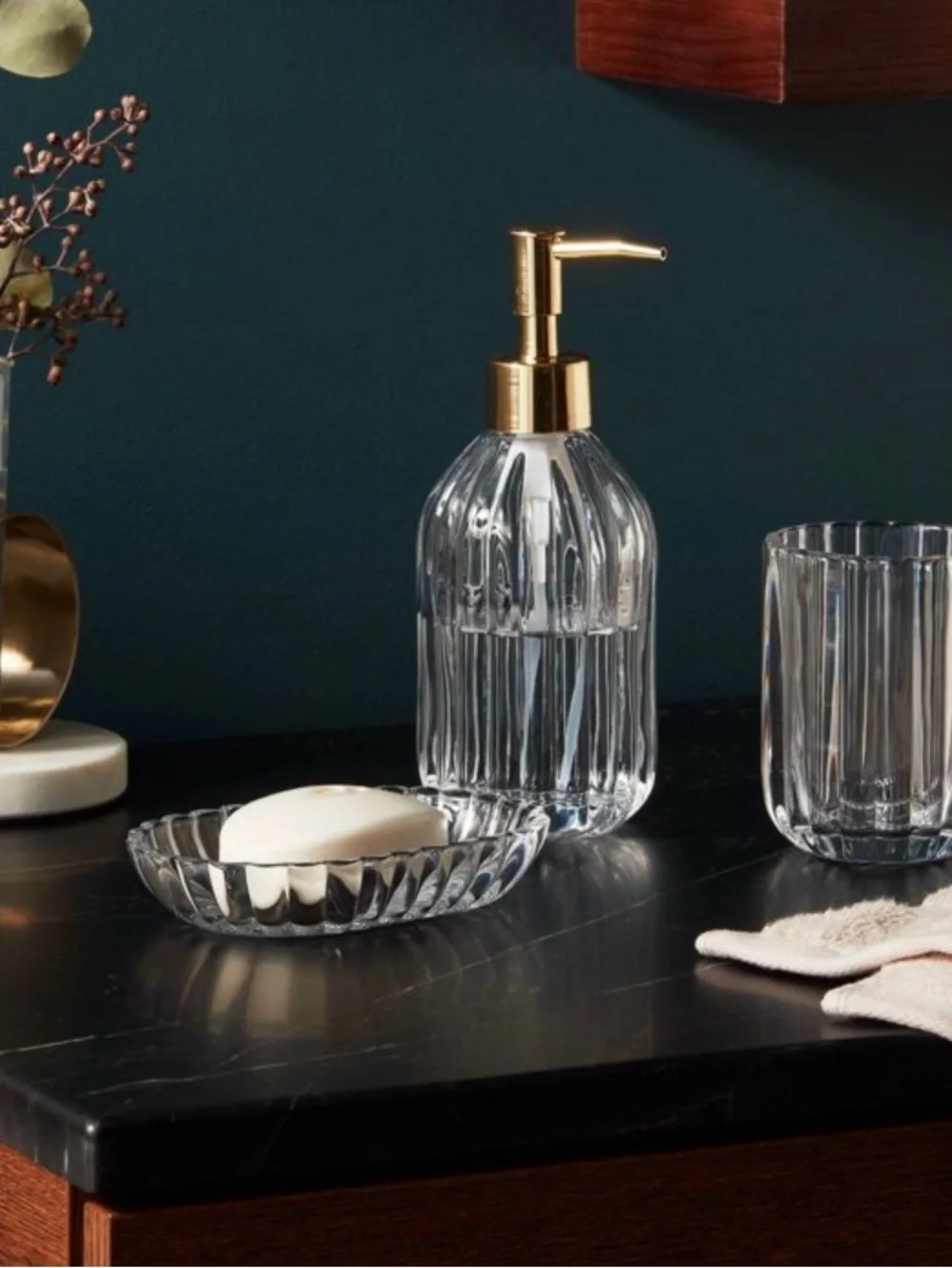 3 piece Glass Bathroom Set with Gold Pump 072